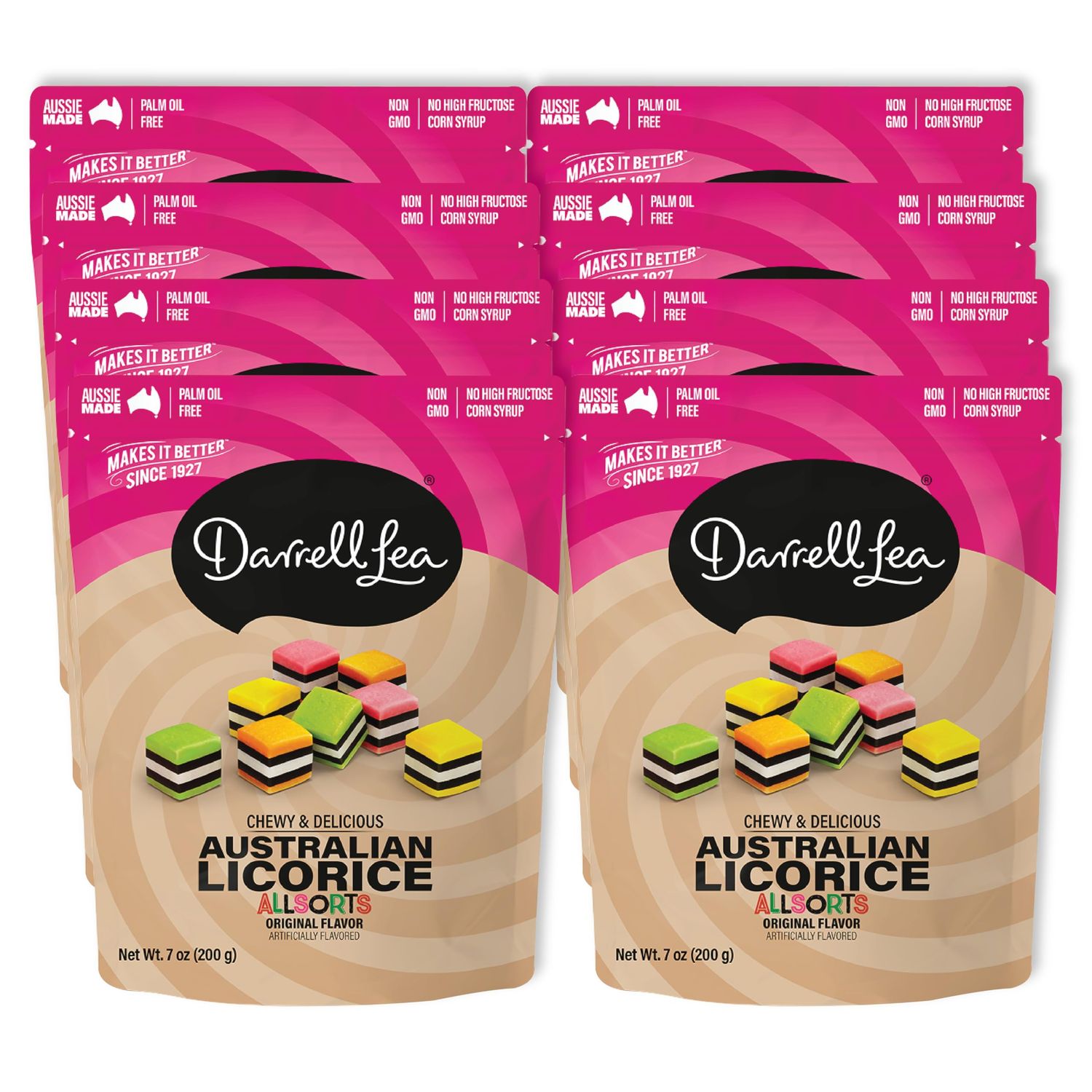 Darrell Lea Soft Australian Licorice, Non-GMO, No Palm Oil, Plant Based, No High Fructose Corn Syrup, Soft Chewy Licorice Candy, Made in Australia (Allsorts, 7 Ounce (Pack of 8))