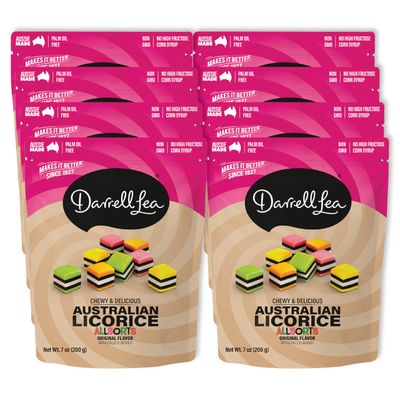 Darrell Lea Soft Australian Licorice, Non-GMO, No Palm Oil, Plant Based, No High Fructose Corn Syrup, Soft Chewy Licorice Candy, Made in Australia (Allsorts, 7 Ounce (Pack of 8))