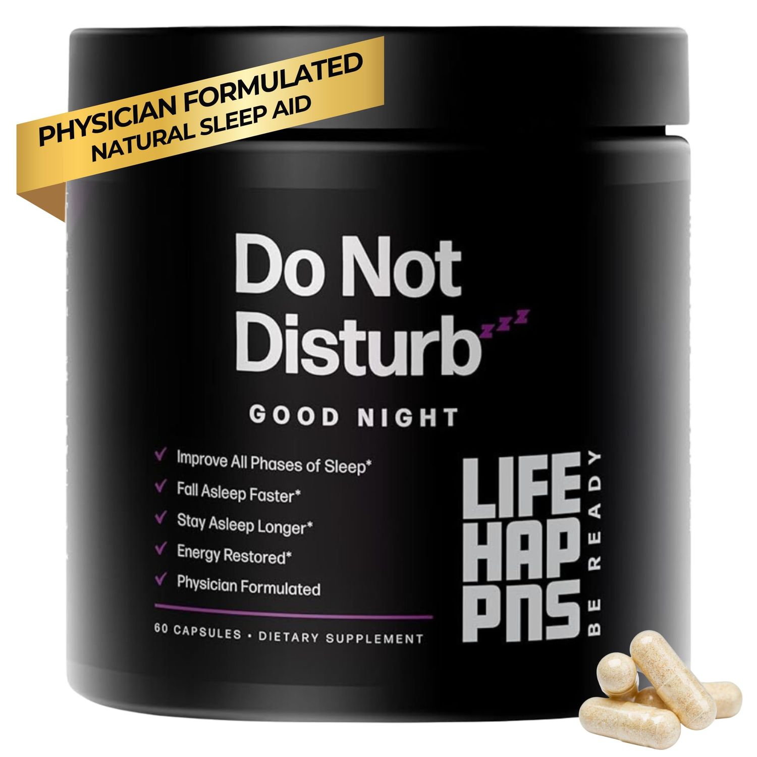 Life Happns Do Not Disturb Sleep Aid for Adults Natural Supplement with L-Theanine, Magnesium, Passion Flower Evodia Fruit for Restorative Sleep Melatonin-Free, Non Habit-Forming, 60 Capsules