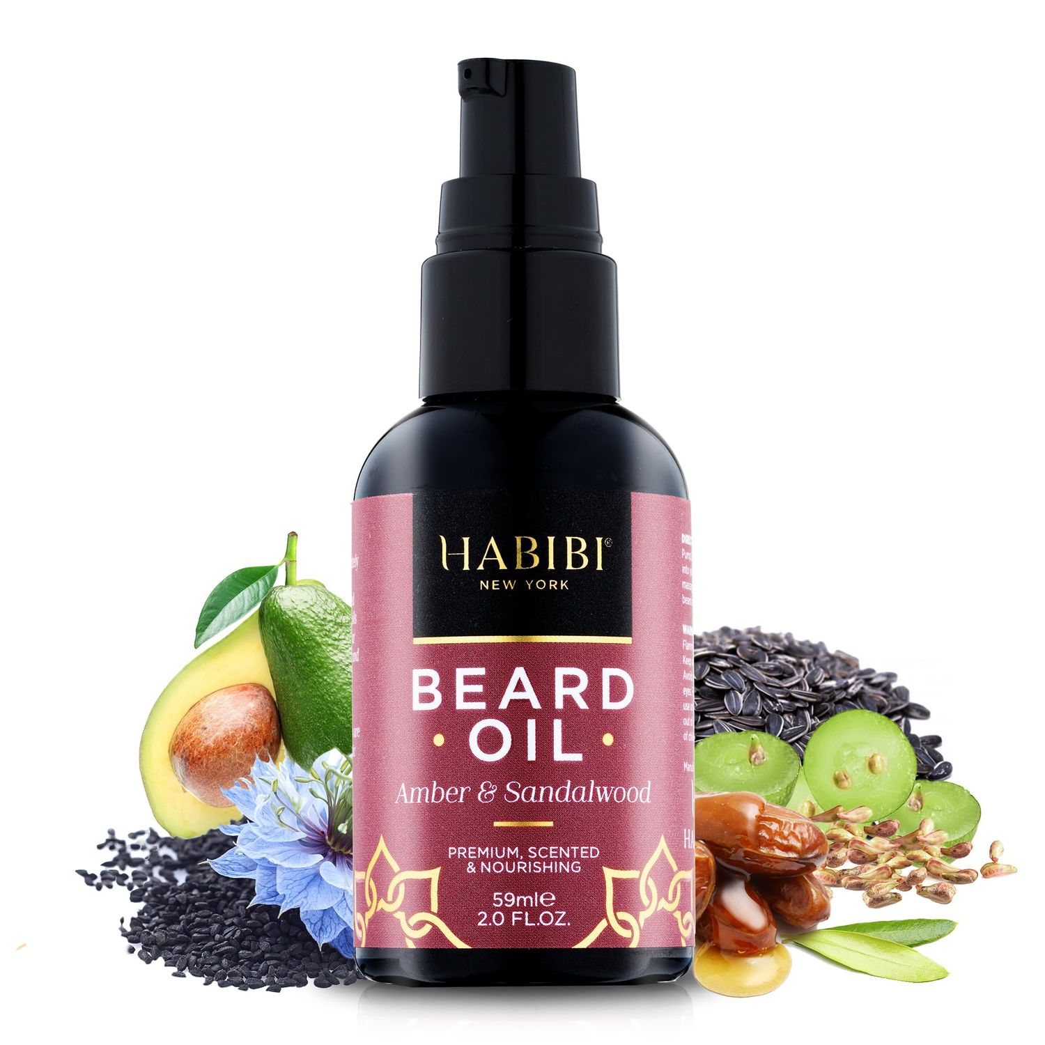 HABIBI Amber Sandalwood Beard Oil (2.0 Fl. Oz) Naturally Derived Scented Beard Oil For Men, Beard Growth Oil Beard Care Essentials - Hydrates, Nourishes Promotes Healthy Beard Growth Made in USA