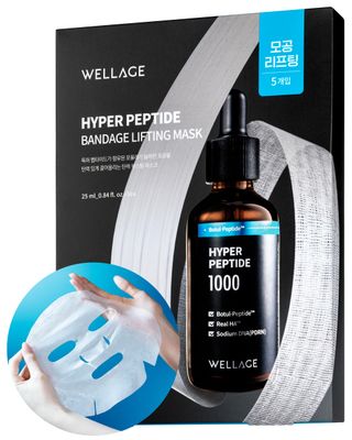 wellage Hyper Peptide Bandage Lifting Mask - Korean Pore Lifting Elasticity Mask Sheet with Peptides, PDRN and Hyaluronic Acid- Pure Cotton Gauze Sheet - Korean Skincare, 5 Sheets