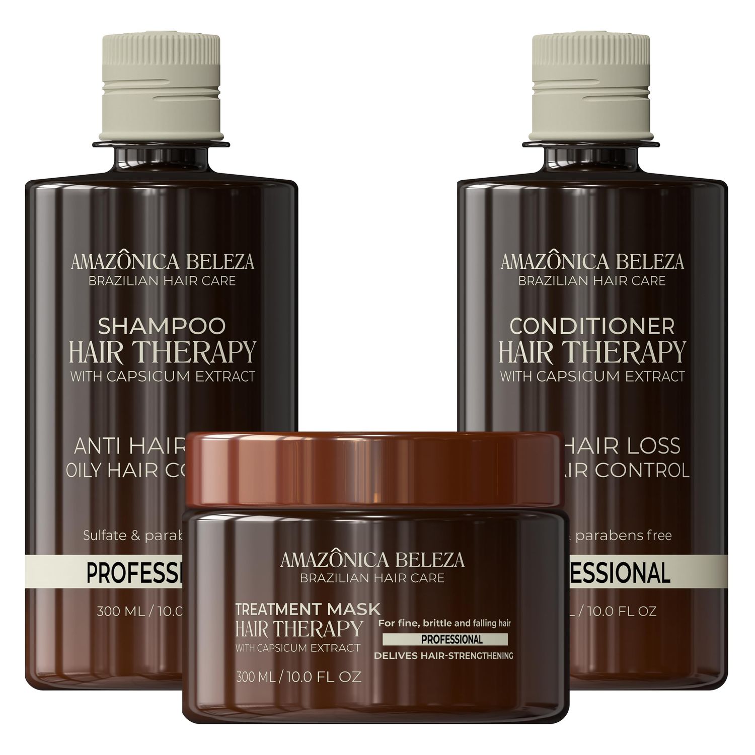 AMAZONICA BELEZA Hair Therapy Kit - Shampoo, Conditioner, Hair Mask (300ml10.1 Oz) Professional Line Removes Oiliness, Prevents Hair Loss, Promotes Growth
