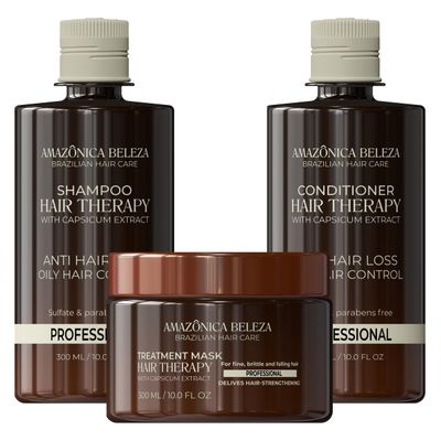 AMAZONICA BELEZA Hair Therapy Kit - Shampoo, Conditioner, Hair Mask (300ml10.1 Oz) Professional Line Removes Oiliness, Prevents Hair Loss, Promotes Growth