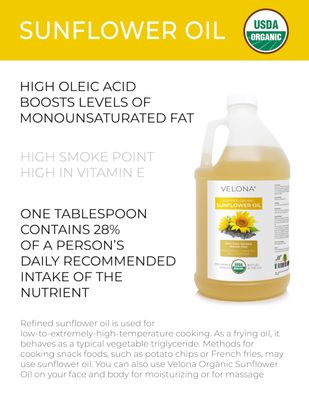 velona USDA Certified Organic Sunflower Oil - 64 Fl Oz 100 Pure and Natural Carrier Oil High Oleic, Refined Cooking, Skin, Hair, Body Face Moisturizing