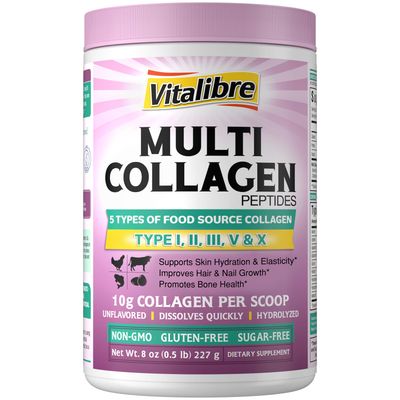 Vitalibre Multi Collagen Peptides Powder Type I II III V X, Hydrolyzed Collagen Protein for Women and Men, Skin, Hair, Nails, Unflavored, Non-GMO, Keto GF, Zero Sugar, 22 Servings, 8oz