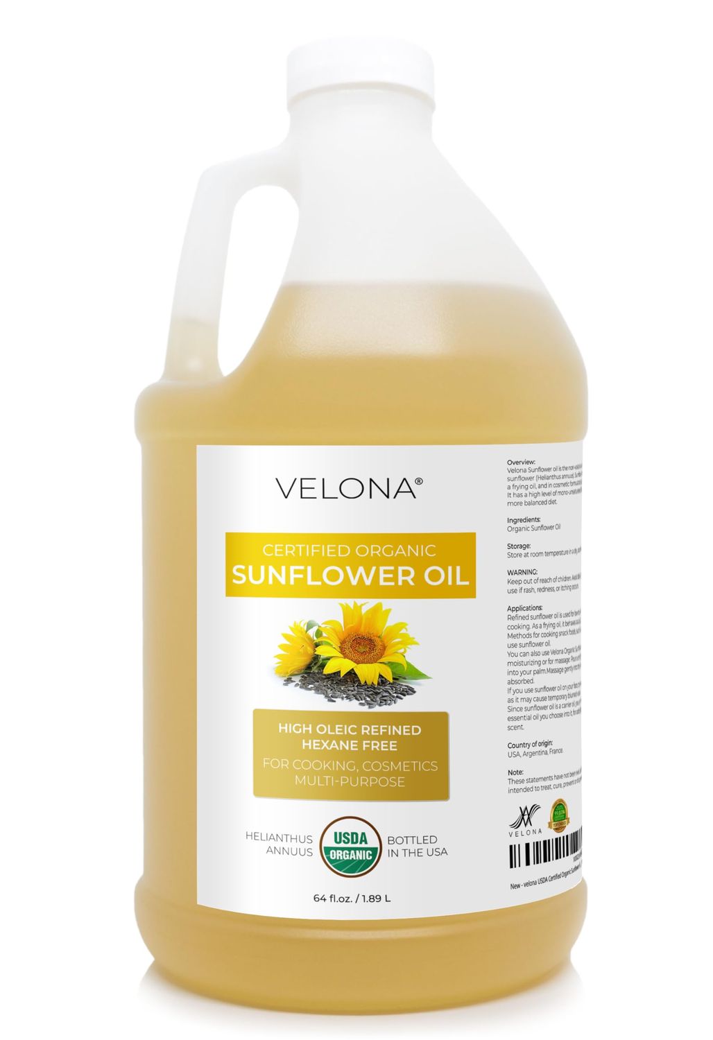 velona USDA Certified Organic Sunflower Oil - 64 Fl Oz 100 Pure and Natural Carrier Oil High Oleic, Refined Cooking, Skin, Hair, Body Face Moisturizing