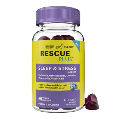Bach RESCUE PLUS Sleep Stress Support Gummies, Nighttime Dietary Supplement with 1mg Melatonin, Ashwagandha, Chamomile, Lavender Vitamin B6, Natural Blueberry Flavor, Vegan Gluten-Free, 60 Count