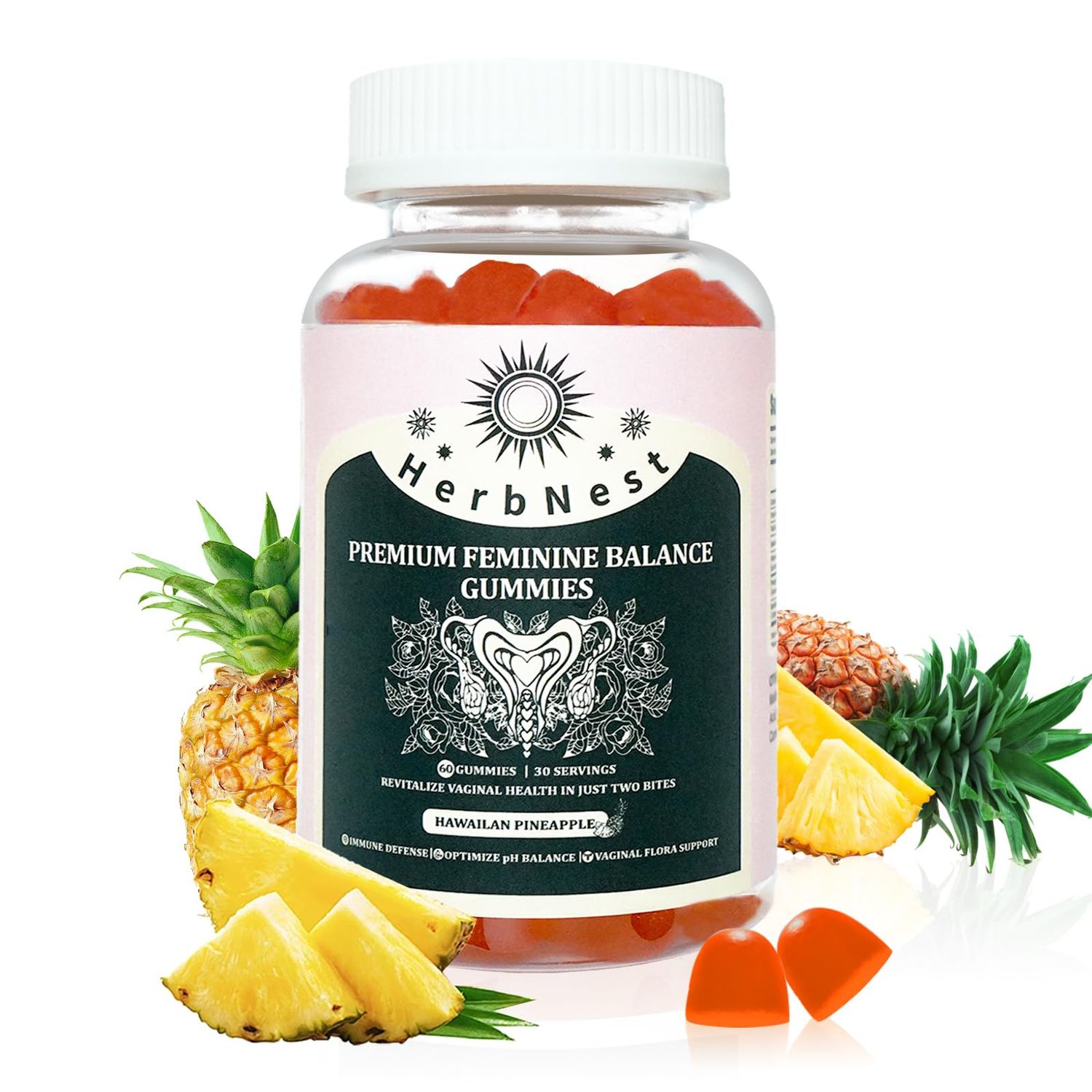 Ultraglee Premium Feminine Balance Gummies for Womens Health Wellness, Womens Health Probiotics for pH Immune Support Natural Pineapple Flavor-60 Gummies