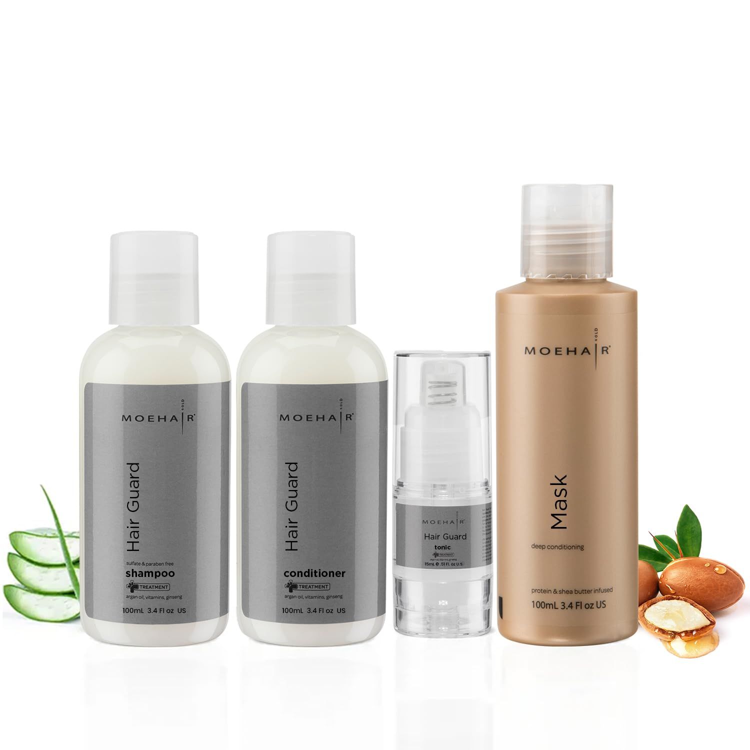 MOEHAIR Hair Guard Shampoo, Conditioner, Tonic Mask Travel Kit Sulfate Paraben Free, Ginseng Infused, Reduces Hair Loss, Promotes Hair Growth Made in USA