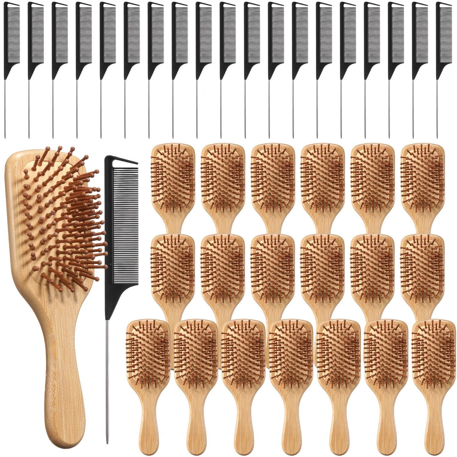 Meanplan 40 Pcs Bamboo Hair Brush Bulk Mini Wood Hairbrushes for Women Hair Growth Detangle Tail Comb Paddle Hairbrush for Massaging Scalp Women Men Wedding(Square Head)