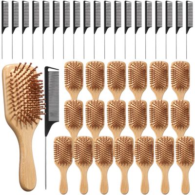 Meanplan 40 Pcs Bamboo Hair Brush Bulk Mini Wood Hairbrushes for Women Hair Growth Detangle Tail Comb Paddle Hairbrush for Massaging Scalp Women Men Wedding(Square Head)