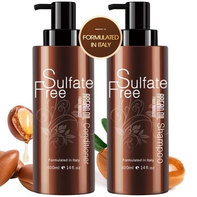 Natural Organic Sulfate Free Moroccan Argan Oil Shampoo and Conditioner Set - Color Safe Treatment, UV Protection, Intense Moisturizing For Dry, Damaged, Frizzy, Volumizing for Thin Hair 14 Ounce