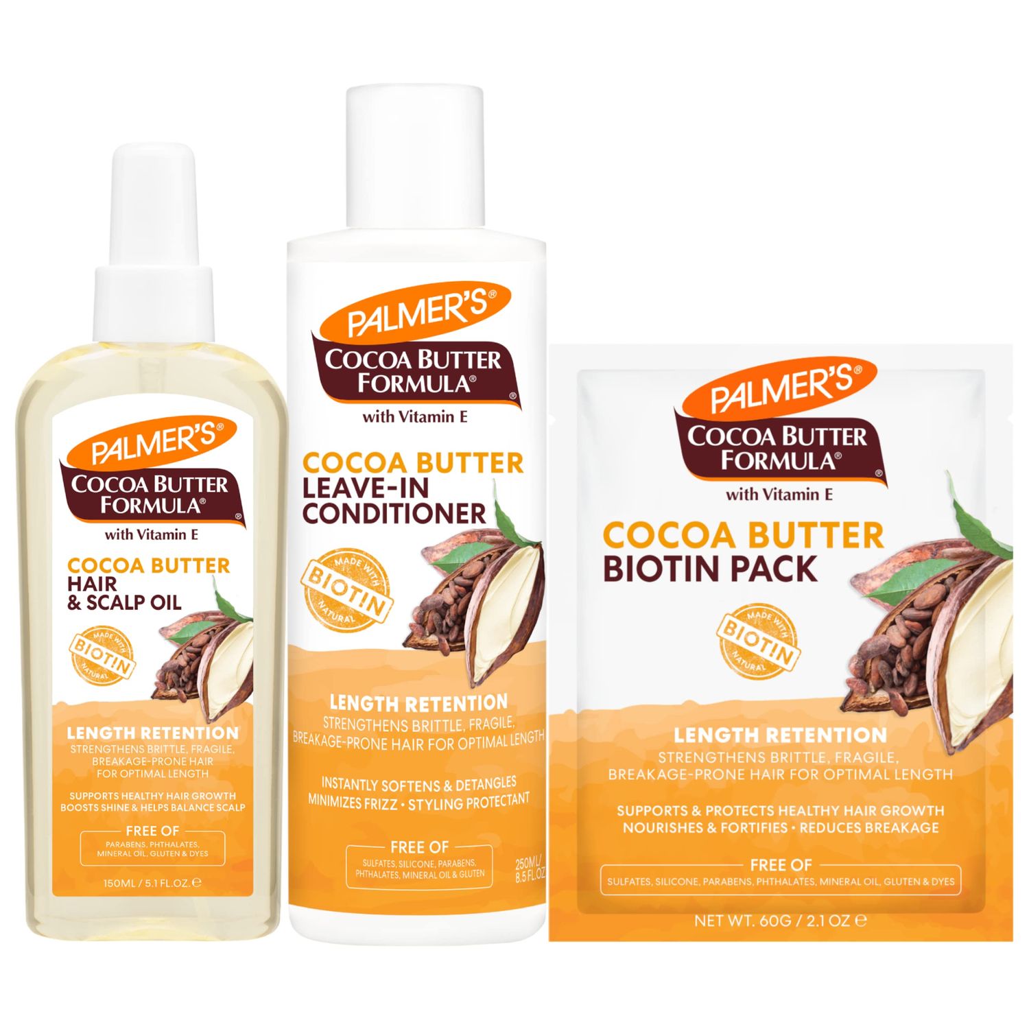 Palmer&#39;s Cocoa Butter Hair Scalp Care Bundle: Oil Spray (5.1 fl oz), Leave-In Conditioner (8.5 fl oz), and Biotin Packette (2.1 oz)