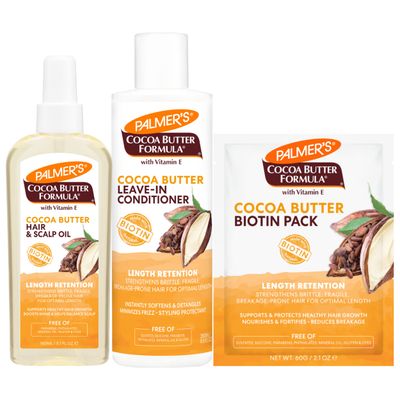Palmer&#39;s Cocoa Butter Hair Scalp Care Bundle: Oil Spray (5.1 fl oz), Leave-In Conditioner (8.5 fl oz), and Biotin Packette (2.1 oz)