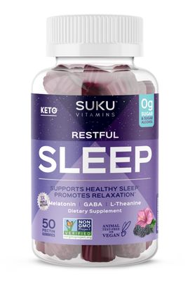 SUKU Vitamins - Restful Sleep - LTheanine GABA Gummies for Natural Sleep, Relaxed Mind and Body, Easy to Chew - Non GMO, Gluten Sugar Free - BlackBerry-Hibiscus Flavored Melatonin Gummies, 50 Count