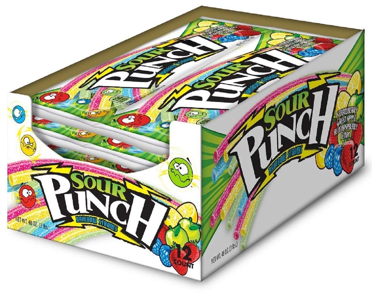 Sour Punch Straws, Rainbow Flavors, 4.5oz Tray (Pack of 12), Lemon, Apple, Strawberry Blue Raspberry Soft and Chewy Candy