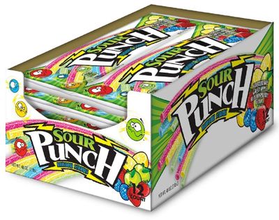 Sour Punch Straws, Rainbow Flavors, 4.5oz Tray (Pack of 12), Lemon, Apple, Strawberry Blue Raspberry Soft and Chewy Candy