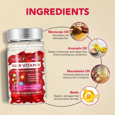 flasture Hair Vitamin Serum Capsules, Hair Treatment Serum Oils - No Rinse with Argan Macadamia Avocado Oils - Enriched Hair Vitamins A, C, E, Pro B5-40 Capsules for Women Men Hair Repair