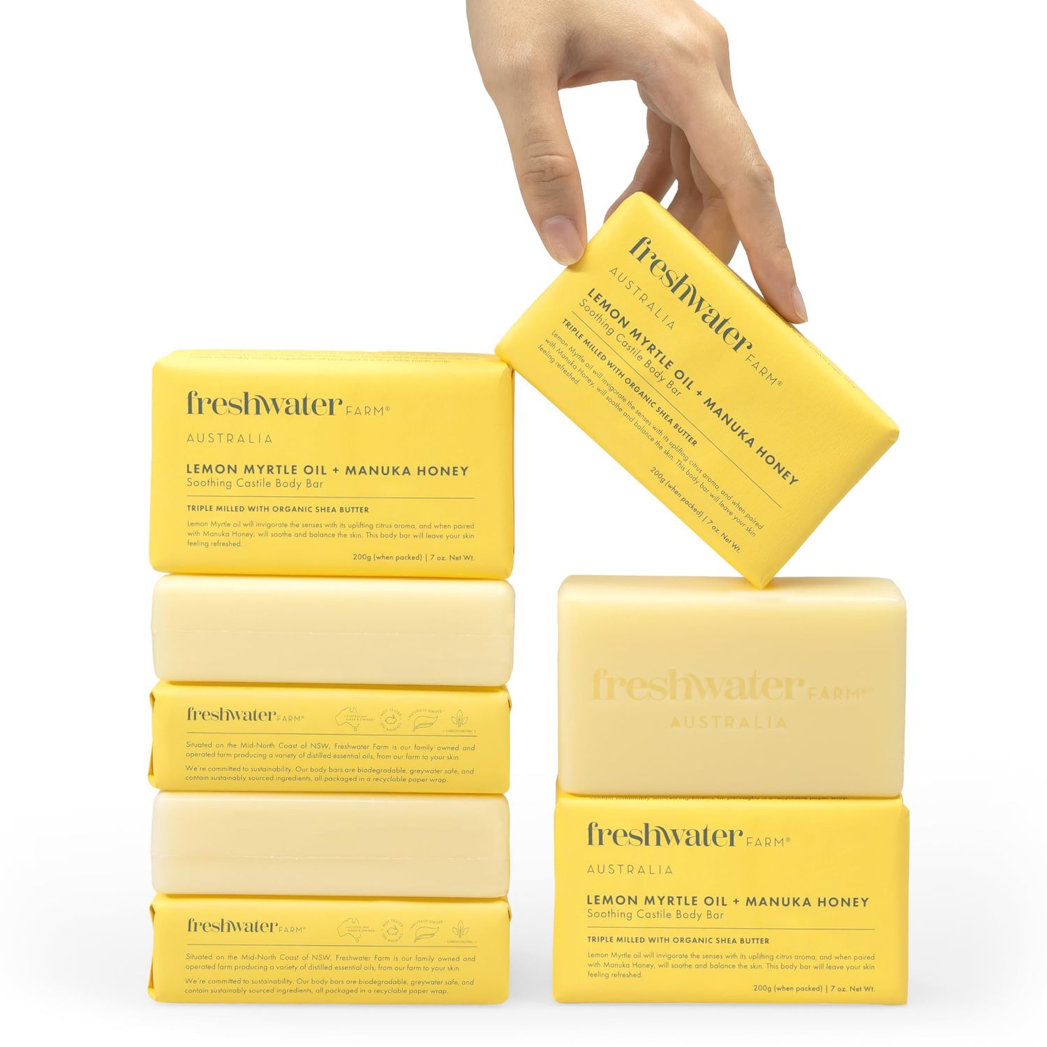Freshwater Farm Australia Natural Soap Bar- Lemon MyrtleManuka Honey- 7 oz x 8 Pack- Castile Bar Soap, Natural Soap Bar, Bar Soap, Body Soap Bars- Essential Oils For Sensitive Skin
