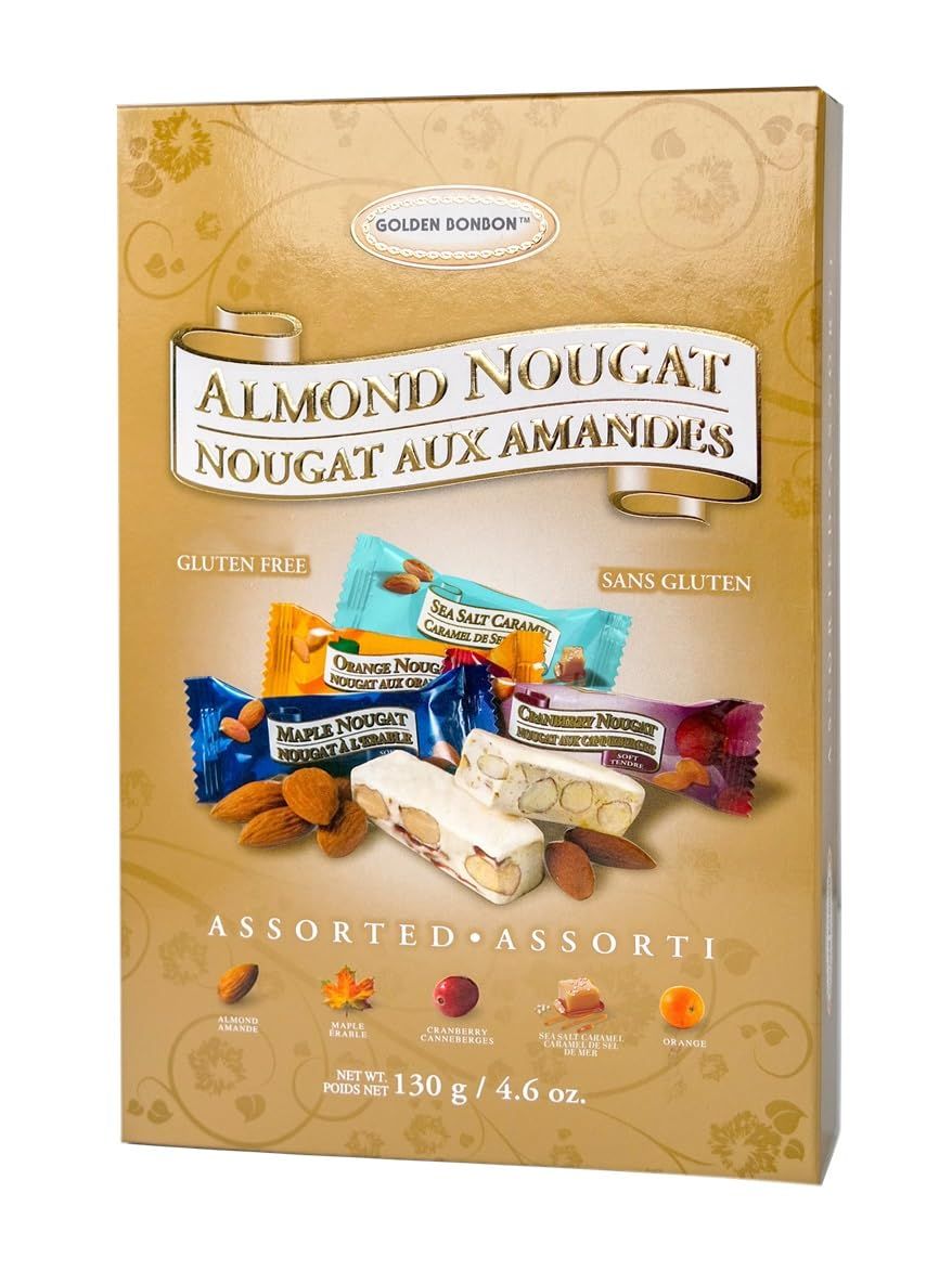 Golden Bonbon Italian Almond Nougat Candy, Gift Box, Individually Packed Chewy Gluten Free Nougat, Original Full of Almonds, Halal Candy (4.6 Ounces, Assorted Soft Crunchy)