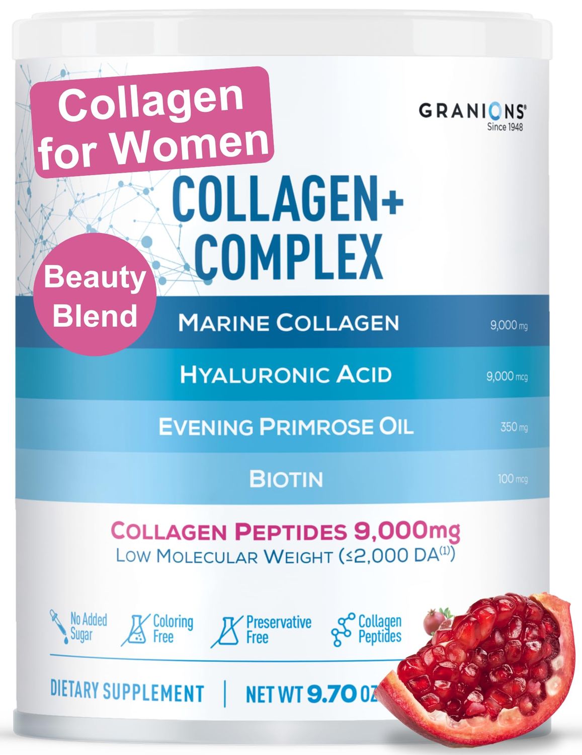 Granions Marine Collagen Supplement Powder - Type I Hydrolyzed Marine Collagen Peptides, Protein, Biotin, Hyaluronic Acid, Vitamin C, Vital Antioxidants, Skin Supplements for Women - Pomegranate 9.7oz