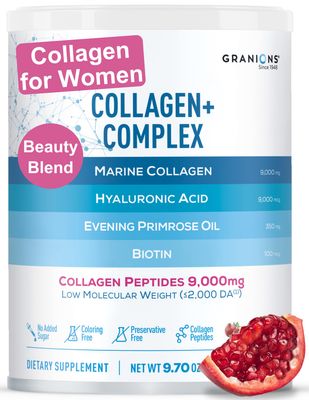 Granions Marine Collagen Supplement Powder - Type I Hydrolyzed Marine Collagen Peptides, Protein, Biotin, Hyaluronic Acid, Vitamin C, Vital Antioxidants, Skin Supplements for Women - Pomegranate 9.7oz