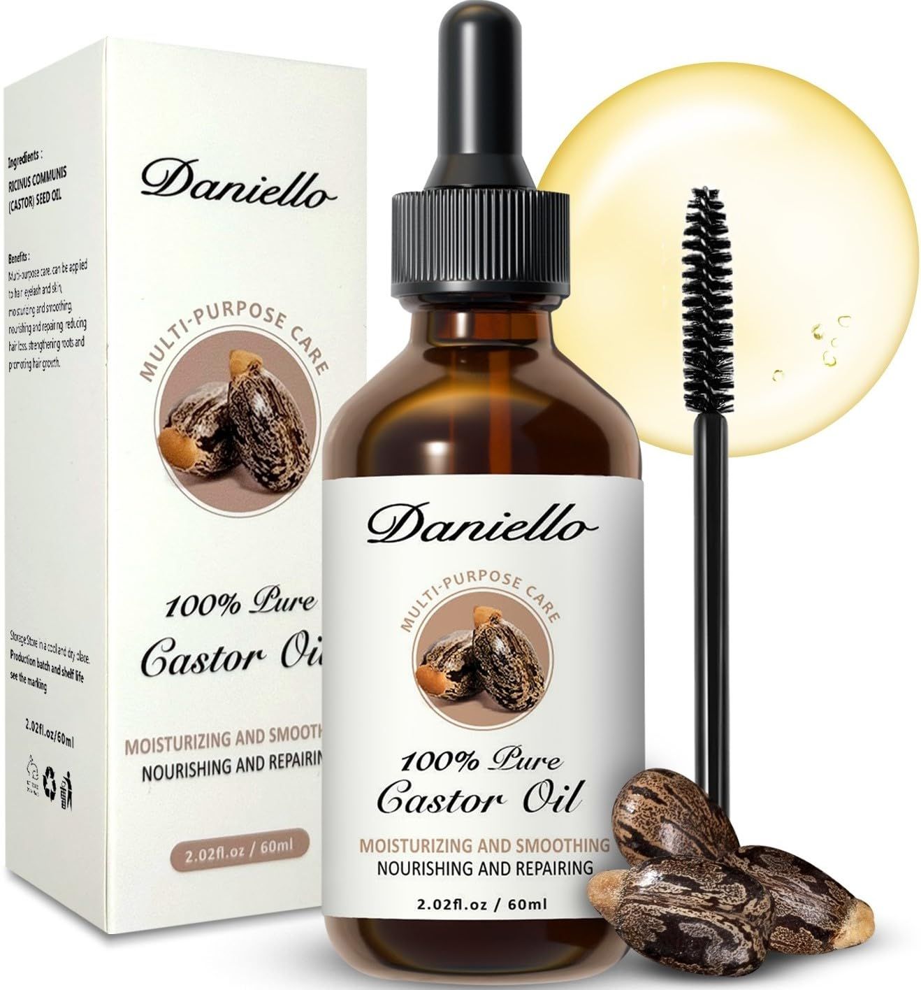 Daniello 100 Pure, Organic Castor Oil, Cold Pressed (2oz) Hexane Free in Glass Bottle. Fast Absorbing, for Hair, Eyebrows, Eyelashes, Nails and Beards. Stimulates Growth and Natural Skin Moisturizer