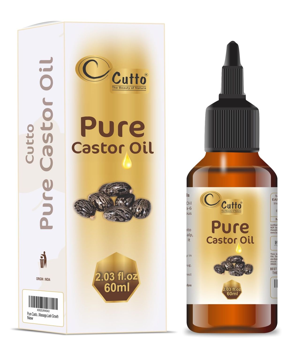 Cutto&#39;s Pure Castor Oil (2.03fl oz 60 ml) Cold-Pressed, 100 Pure, No GMO, NO Heat treatment, Hexane Free Castor Oil - Moisturizing For Dry Skin,Hair Growth, Massage,Lash Growth