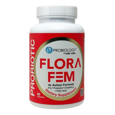 BelleBella Probiology Flora Fem - Daily Probiotics for Women - 4X Action Prebiotic Probiotic Cranberry Folic Acid for Digestive, Urinary Tract, Reproductive Vaginal Health - 60 Caps