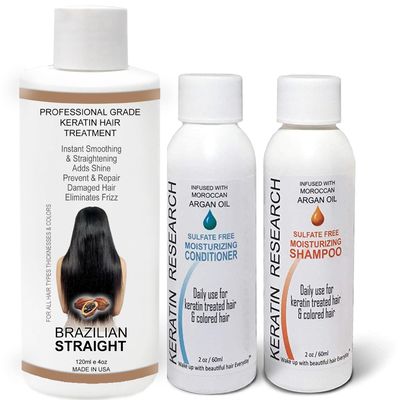 The Real BRAZILIAN STRAIGHT Keratin Blowout Complex Hair Treatment Kit Pro Grade Organic Natural Results Straighten Smooth Any Hair Type Color Or Condition Keratina Brasilera Tratamiento (120ml kit)