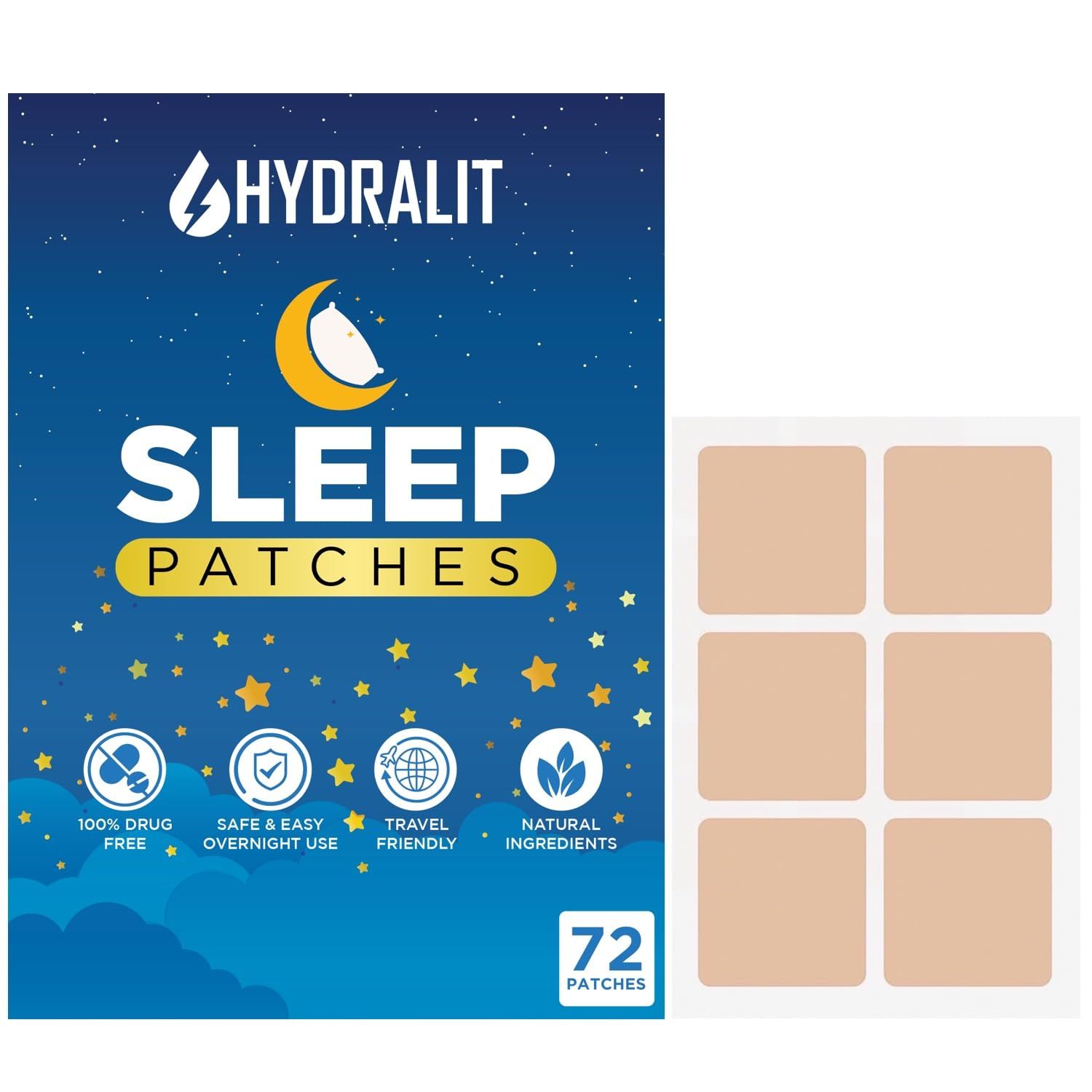 Hydralit Sleep Patches for Adults Extra Strength Sleeping Aid Patch Melatonin Restful Nights Time-Released Formula Skin Jet Lag Travel Friendly Last All Night Men and Women Better Morning 72 Pack