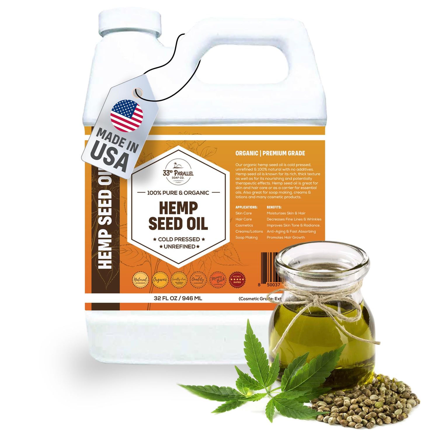 Organic Hemp Seed Oil (32 oz) Premium Cold Pressed Unrefined 100 Pure Hemp Seed Oil for Skin, Face, Hair, Soap Making, Massage Carrier for Essential Oils Available in Bulk 32 FL OZ