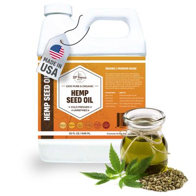 Organic Hemp Seed Oil (32 oz) Premium Cold Pressed Unrefined 100 Pure Hemp Seed Oil for Skin, Face, Hair, Soap Making, Massage Carrier for Essential Oils Available in Bulk 32 FL OZ