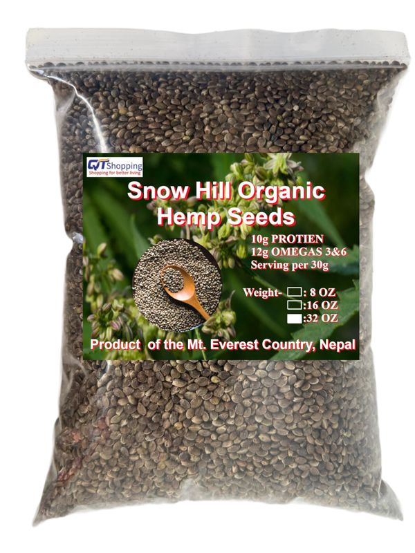 Organic Raw Hemp Seeds, 32 Oz, 10g Plant Protein 12g Omegas per Serving, Gluten-Free Non-GMO Keto Friendly, Snow Hill Himalayan Shelled Hemp Seeds - Grow At Mt. Everest Country, Nepal