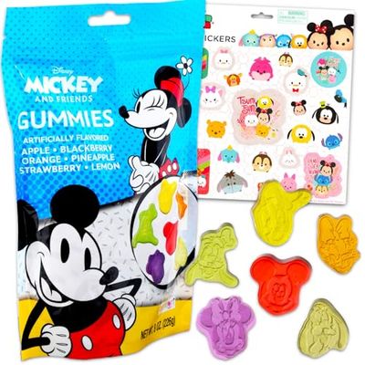 Mickey and Friends Assorted Fruit Gummies (8 Oz) - Pantry Birthday Party Favors Fruit Gummy Candy Snack Pack Bundle with Disney Character Sweet Treats, Stickers Kids Snacks for School Lunch