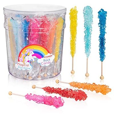 Candy Envy - Magical Rainbow Rock Candy Sugar Sticks - 36 Indiv. Wrapped - Assorted Colors