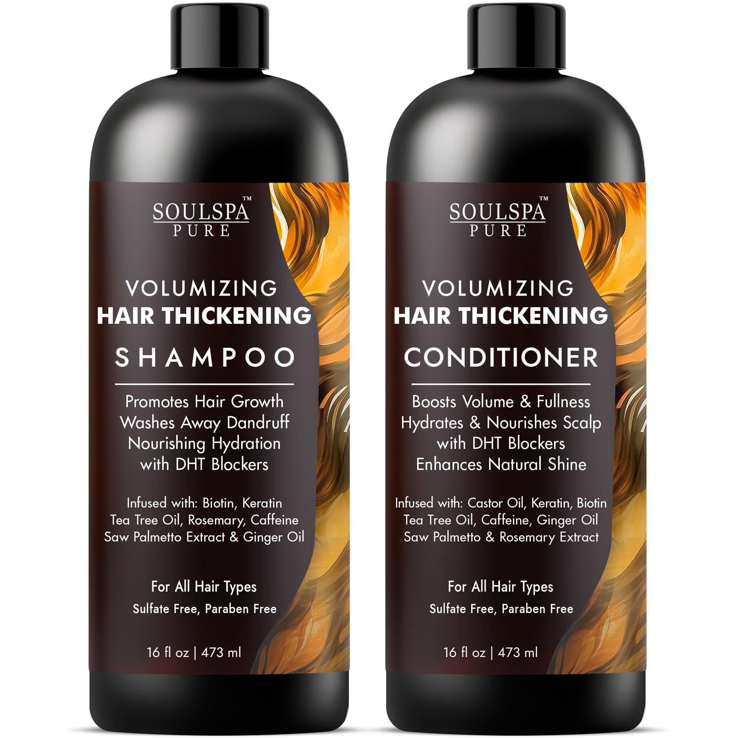 SOULSPA PURE Hair Thickening Shampoo and Conditioner Set - Volumizing Growth Support with DHT Blockers, Biotin, Keratin, Tea Tree Oil, Caffeine, Saw Palmetto Extract - Men Women - 16 fl oz Each
