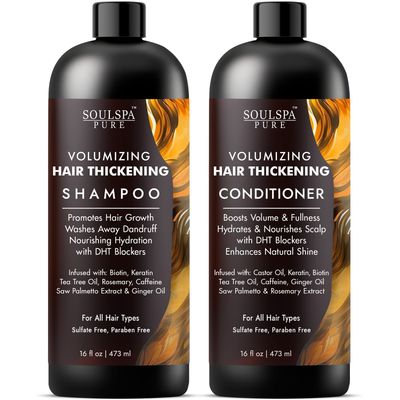 SOULSPA PURE Hair Thickening Shampoo and Conditioner Set - Volumizing Growth Support with DHT Blockers, Biotin, Keratin, Tea Tree Oil, Caffeine, Saw Palmetto Extract - Men Women - 16 fl oz Each