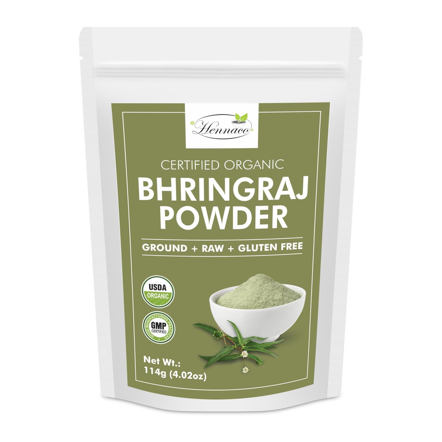 hennaco Organic Bhringraj Powder - Bhringraj Hair Mask Powder, Resealable Zip Lock Pouch, USDA Organic - Bhringraj Powder for Hair, Pure Natural Natural Hair Conditioner - 114 Grams (4 OZ)