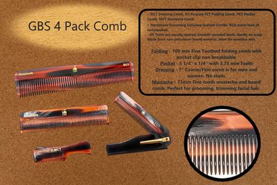 G.B.S Handmade Stylish Comb Set- Hair Styling Grooming For Men, Women Fine Toothed Tortoise Combs Pack of 4 1 DCT Dressing, 1 FCT Folding, 1 PCT Pocket 1 MCT Mustache Comb