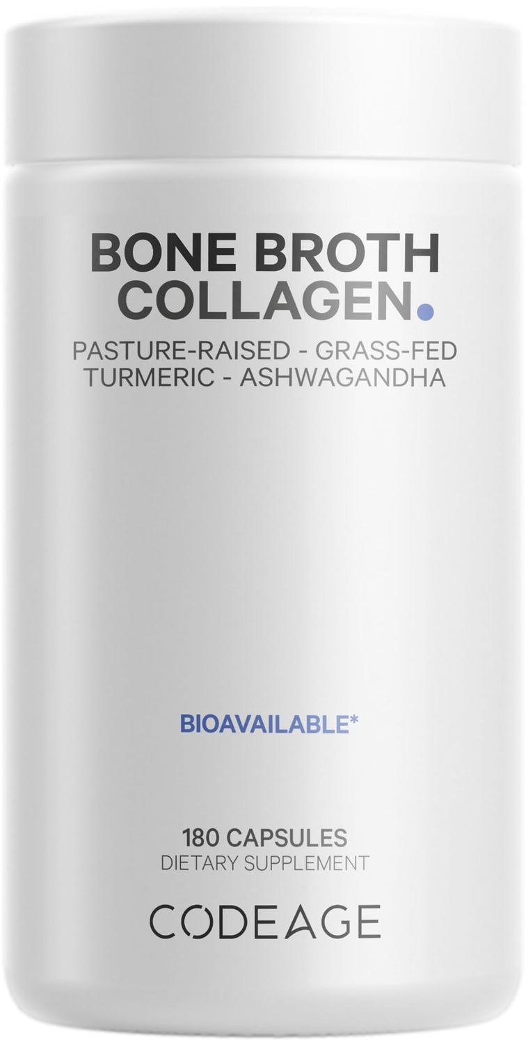 Codeage Organic Bone Broth Collagen Peptides Capsules Supplement, Grass Fed Beef Bone Broth, Free-Range Chicken Bone Broth, Turmeric Ashwagandha - Collagen Types I, II, III - Non-GMO - 180 Capsules