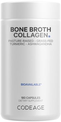 Codeage Organic Bone Broth Collagen Peptides Capsules Supplement, Grass Fed Beef Bone Broth, Free-Range Chicken Bone Broth, Turmeric Ashwagandha - Collagen Types I, II, III - Non-GMO - 180 Capsules
