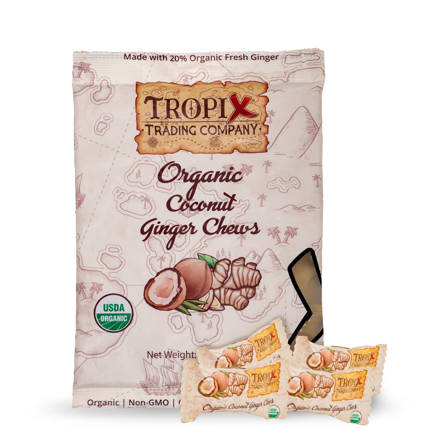 Tropix Trading Company Organic Ginger Chews - Sweet and Spicy, Made with Fresh USDA Organic Ginger, Non-GMO, No Added Flavorings, Vegan, Gluten-Free (Coconut)