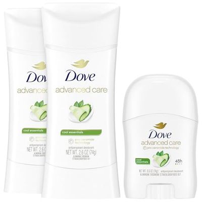 Dove Advanced Care Deodorant, Cool Essentials Bundle - Full-Size Antiperspirant Deodorant 2-Pack Mini Deodorant (3 Piece Set)