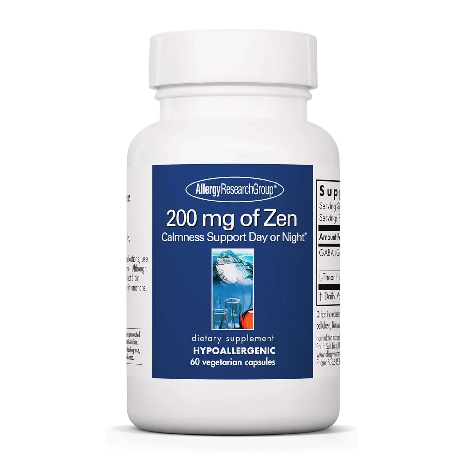 Allergy Research Group 200 mg of Zen Supplement - Calmness Support, Day or Night, GABA, L-Theanine, Hypoallergenic, Vegetarian Capsules - 60 Count
