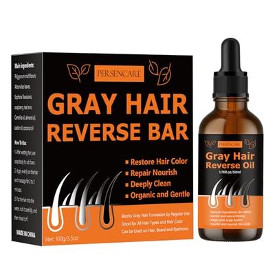 VAEYAE Gray Hair Reverse Bar and Essential Oil 2 in 1 Set, Shampoo and Conditioner Bar for Grey Hair Cover Up, Herbal Usma Grass Fo Ti Bar Oil For Men Women, White Hair Darkening Thickening Serum