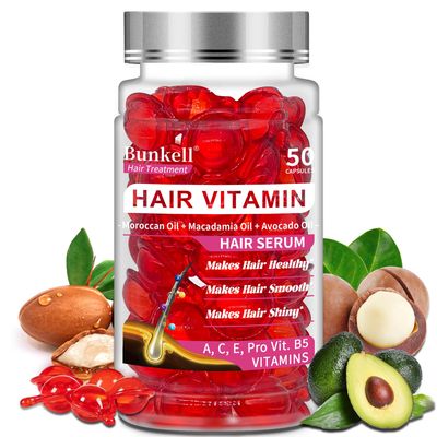 Bunkell 4 in 1 Hair Vitamins A C E Pro B5, Hair Serum Enriched with Argan Avocado Moroccan Oil for Frizzy and Damaged Hair, Hair Treatment Serum for Women Men, No Rinse for All Hair, 50 Capsules