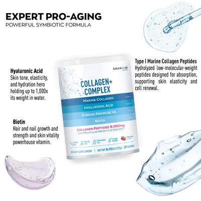 Granions Marine Collagen Supplement Powder - Type I Hydrolyzed Marine Collagen Peptides, Protein, Biotin, Hyaluronic Acid, Vitamin C, Vital Antioxidants, Skin Supplements for Women - Pomegranate 9.7oz