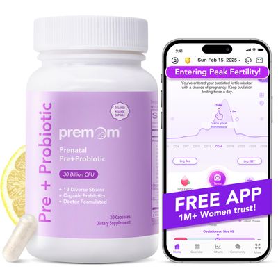 Premom Prenatal Pre Probiotics for Women: Organic Prebiotics, 30 Billion CFU, 18 Diverse Strains - Supports Digestive, Gut Immune Health for Mom and Baby - Daily Capsules