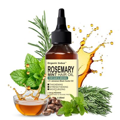 Organic Indus Rosemary Mint Scalp Hair Strengthening Oil for Thicker, Stronger Hairs Infused with Jamaican Black Castor Oil, 4 Ounce